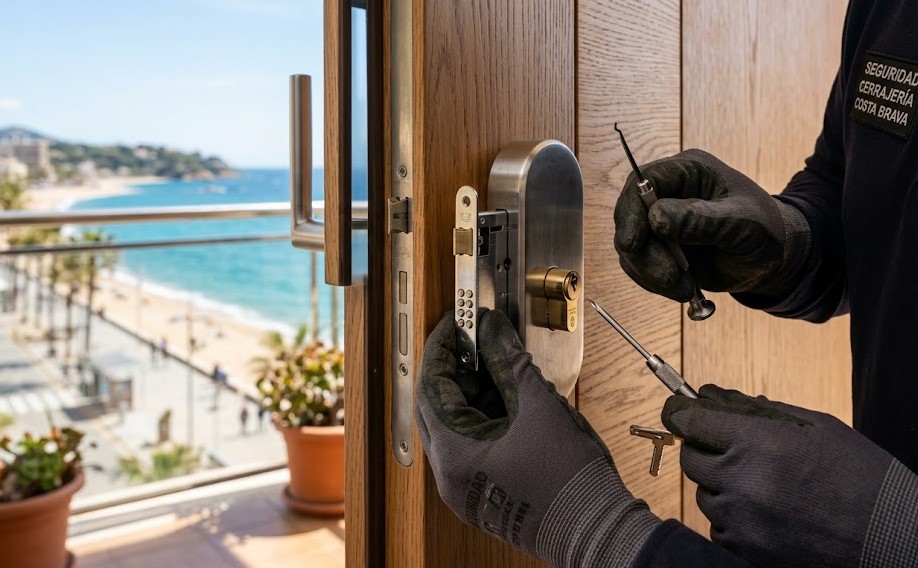 Especialista instalando cerradura de alta seguridad en puerta de apartamento vacacional